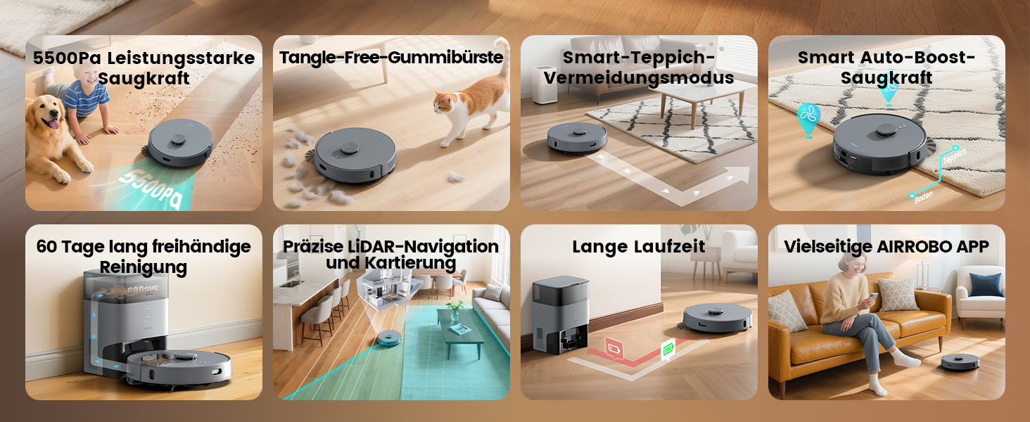 Робот-пилосос AIRROBO T25+ з вологою, LiDAR, 5500Pa, 240хв, керування через додаток, для тварин, чорний