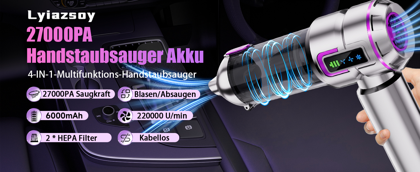 Акумуляторний ручний автомобільний пилосос бездротовий 27000Па, потужний міні-пилосос та електричний обдувач для авто, дому, кухні та ПК