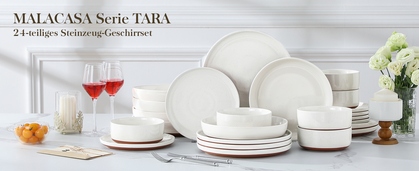 MALACASA Сервіз на 6 осіб (24 предмети) з реактивної глазурі, кераміка, білий з коричневим, для дому та ресторану