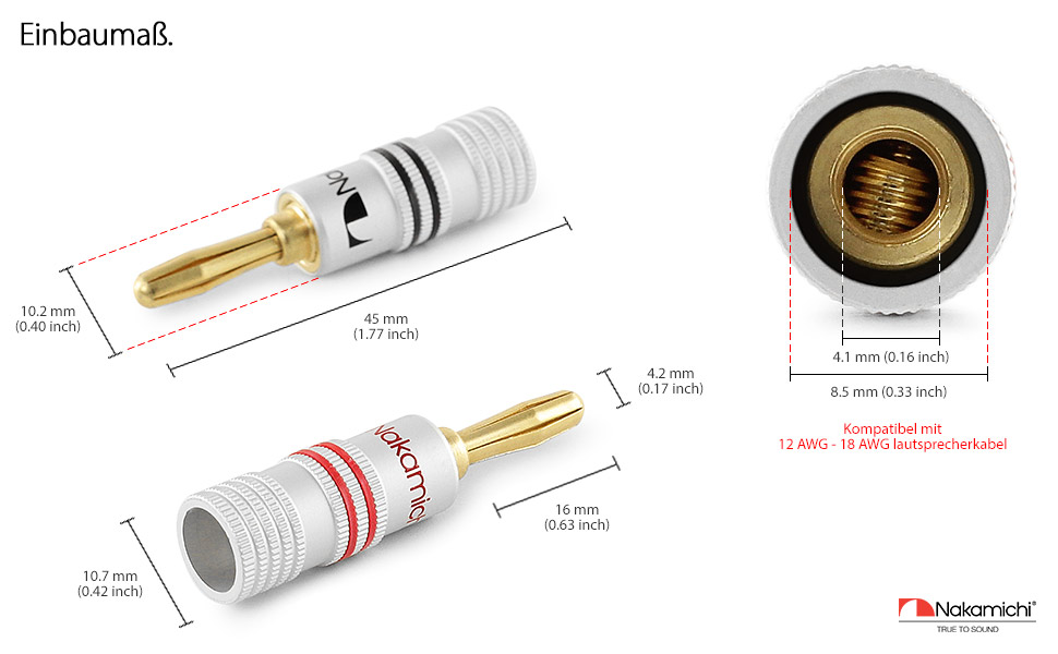 Штекери-банани Nakamichi 24K з позолоченим покриттям 4мм для колонок/підсилювачів, що загвинчуються, 10 шт. (5 пар)