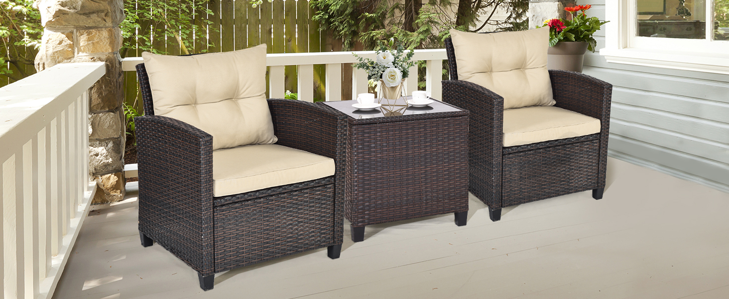 Набір садових меблів LIFEZEAL 3 предмети: 2 крісла та стіл з ротангу PE, чорний. Садовий комплект для тераси, балкона, саду з подушками