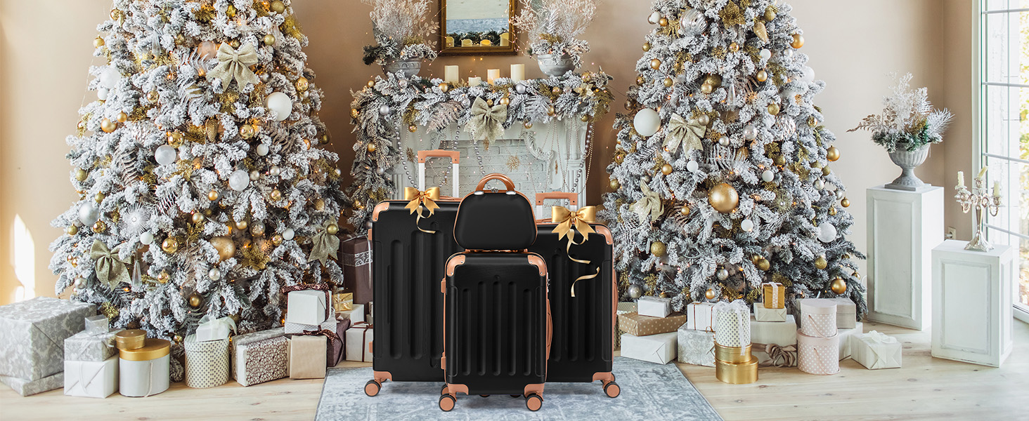 Набір валіз LEADZM 4 шт. з жорстким корпусом, ABS, з колесами, великий дорожній набір, набір валіз з жорстким корпусом, валізи та ролери з косметичкою (Чорний-Коричневий)