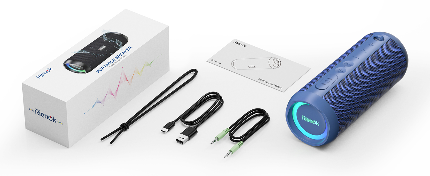 Bluetooth Портативна Колонка RIENOK з підсвічуванням, IPX7, Бас, 3600 mAh, Синій