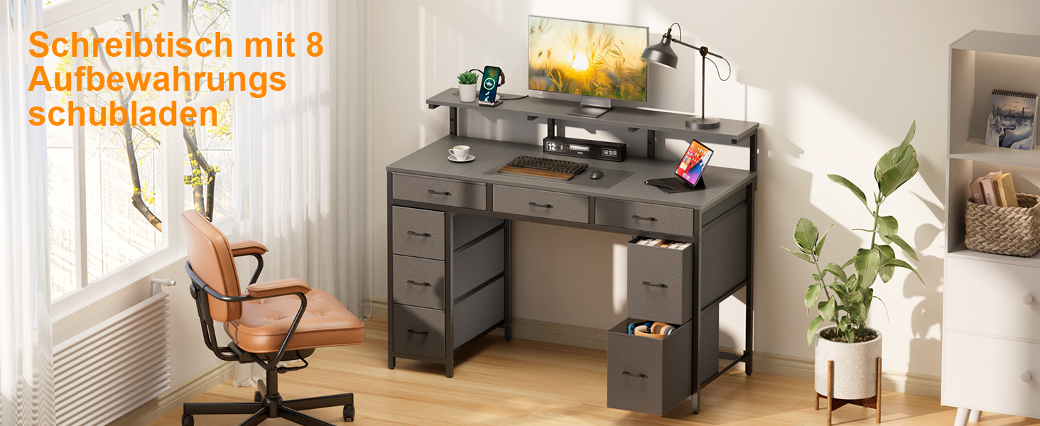 Комп'ютерний стіл з 8 висувними ящиками, 2 розетками, USB-портами, LED-підсвічуванням та підставкою для монітора, 120 x 50 x 74 см (сірий)