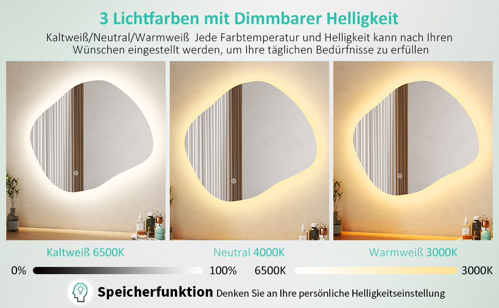 Асиметричне дзеркало для ванної кімнати Boromal з підсвічуванням 80x80 см LED, сенсорний вимикач, 3 кольори світла, регулювання яскравості