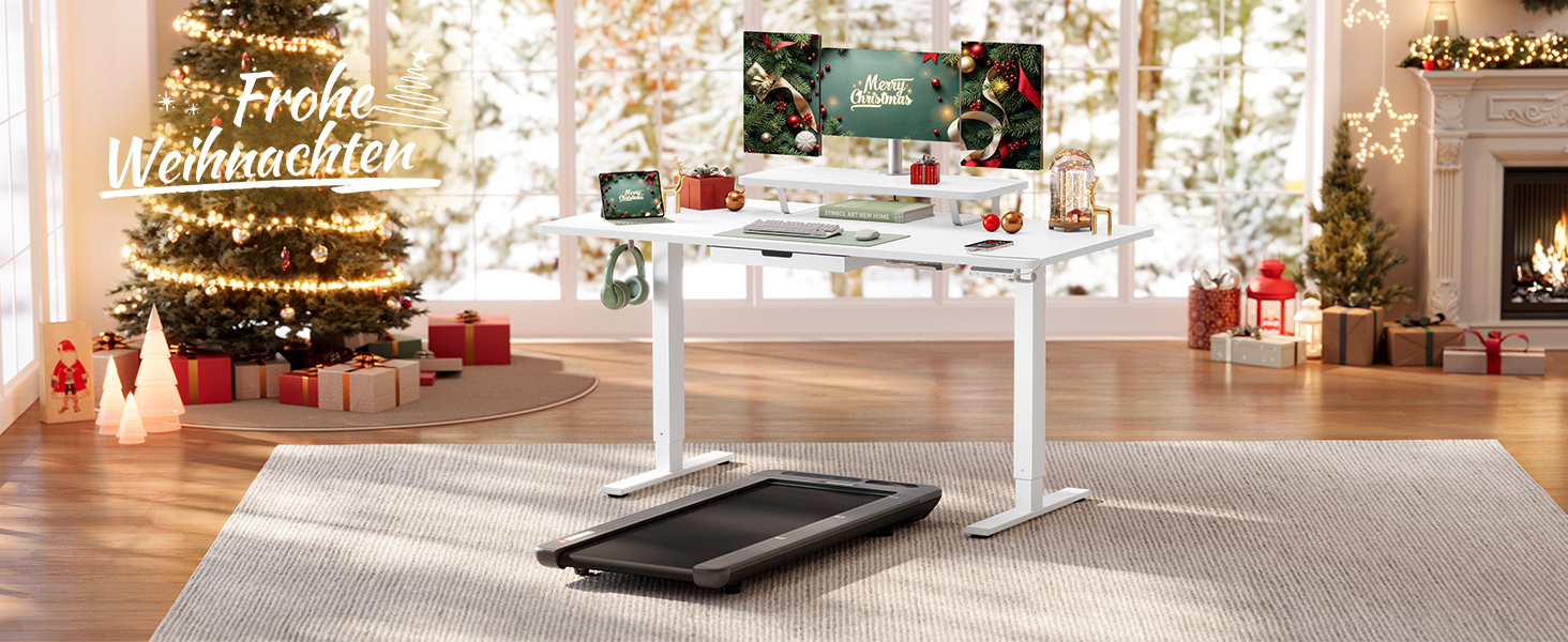 VASAGLE Регульований стіл, моніторний підставка, ящик, USB-C, нагадування про сидячий спосіб життя, для офісу, 140 x 70 см, Wolkenweiß