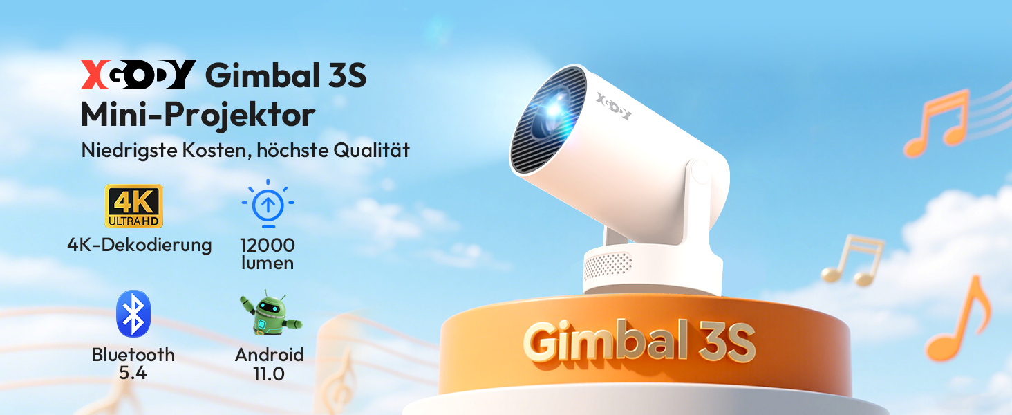 Портативний проєктор Xgody Gimbal 3: 720P HD, 4K/1080P, 12000 Люмен, Android 11.0, WiFi 6, Bluetooth, Auto Keystone, для домашнього кінотеатру