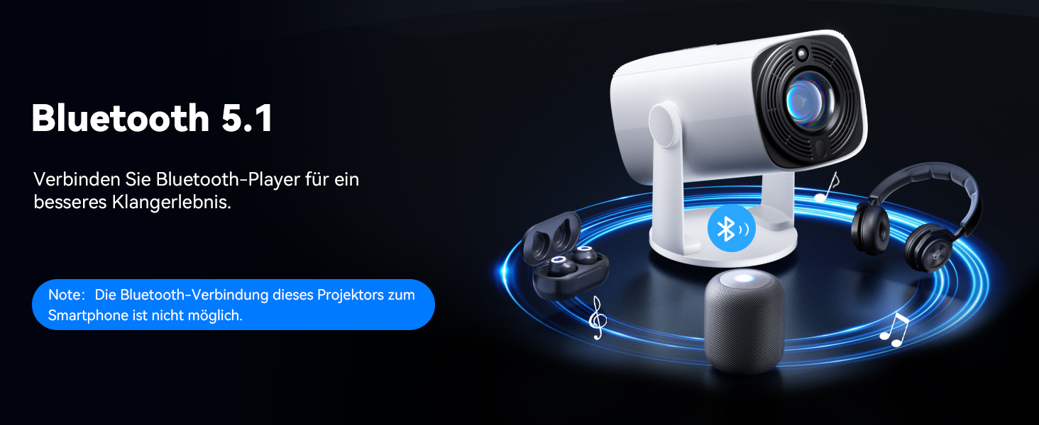 SOOMFON Mini Beamer 1080P: Портативний проєктор з Bluetooth, автотрапецеїдною корекцією та електричним фокусом. Сумісний з iPhone, Tablet, Laptop, TV Stick, HDMI, USB