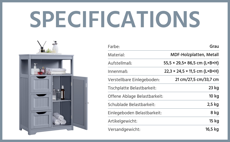 Шафка у ванну кімнату Yaheetech з 3 висувними ящиками та 1 дверцятами, сіра, 55,5 x 29,5 x 86,5 см