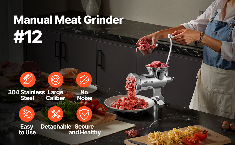 М'ясорубка ручна VEVOR з нержавіючої сталі 304, диски 4.5/8 мм, для фаршу та ковбас, 38 см, срібляста