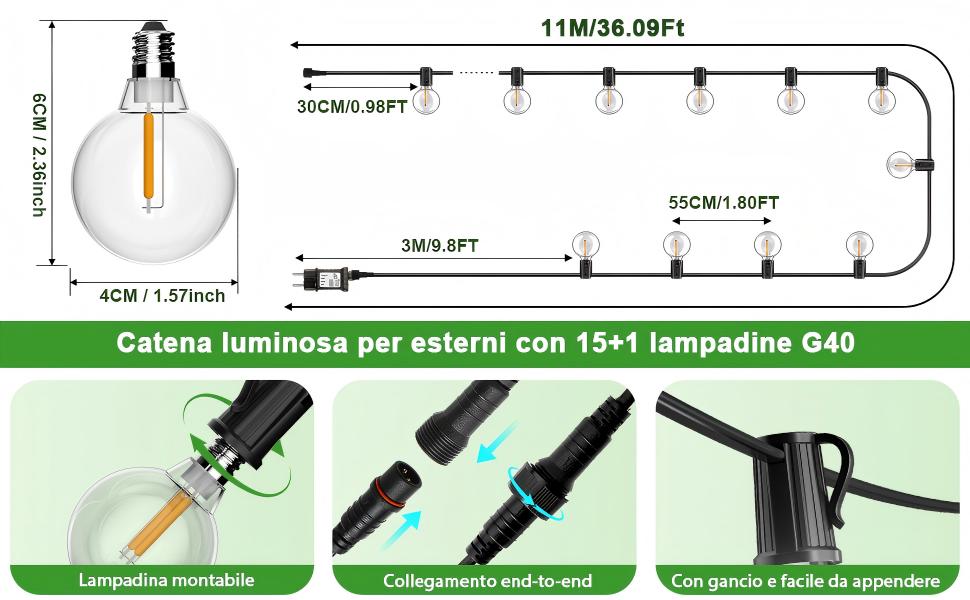 LED гірлянда для вулиці з таймером, 30+1 лампочка G40, регулювання яскравості, IP44, вологостійка, 11м, для декору саду, балкону, дому
