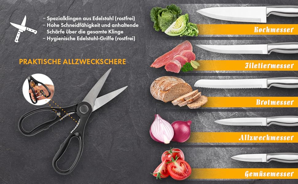 Набір ножів Messerblock з 7 предметів | Набір ножів для кухні з кухонними ножами та ножицями | Набір ножів з нержавіючої сталі C-MBS 4018 білий