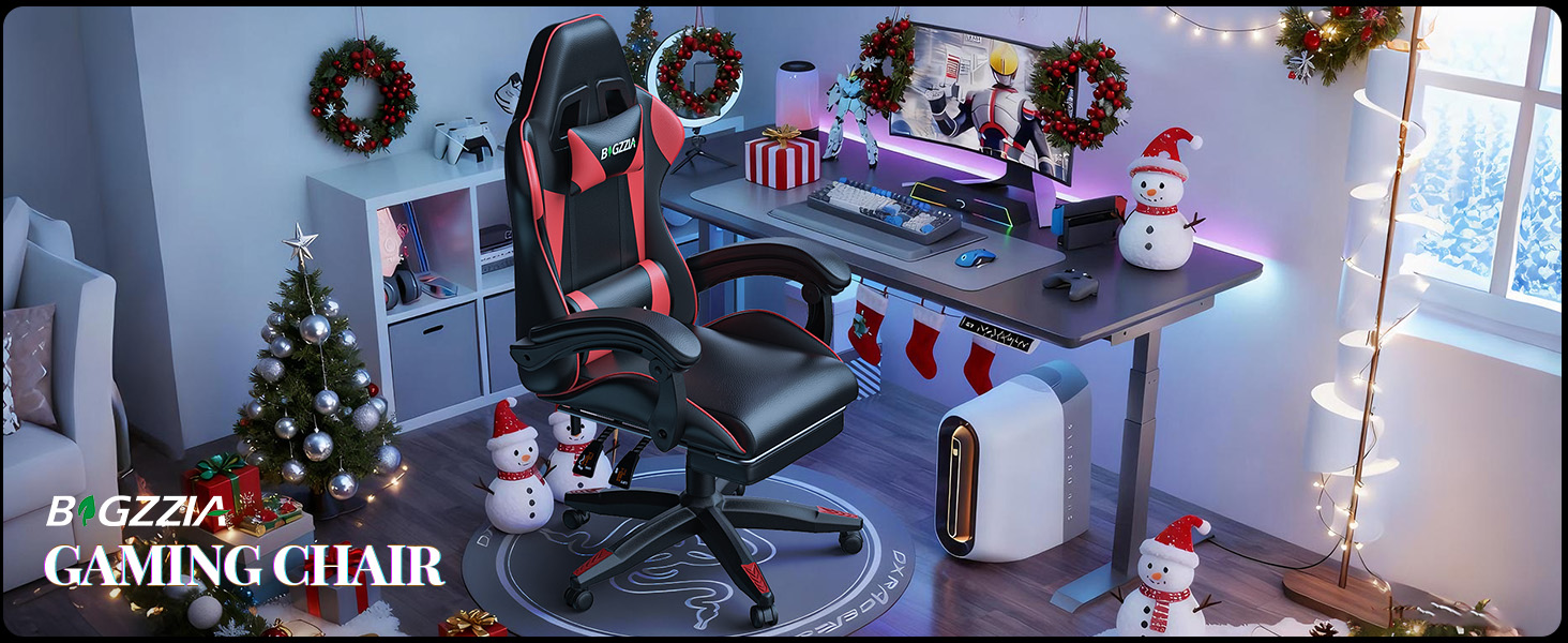 Ігровий крісло Bigzzia з масажем та підставкою для ніг, ергономічне, регульована спинка 90-135°, з подушками для голови та попереку (Червоний)