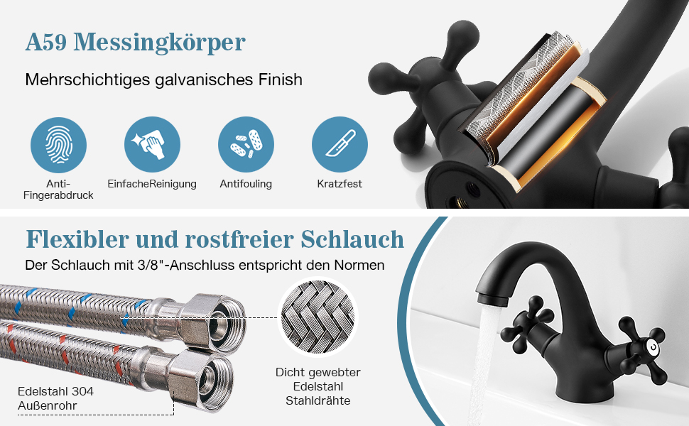 Чорний змішувач для ванної кімнати/умивальника з латуні, ретро стиль, 2-вентильний, G3/8