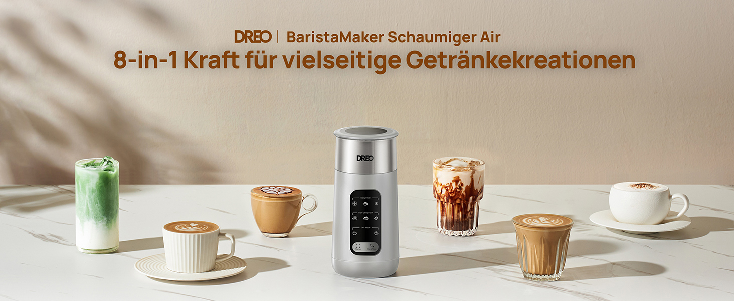 Електричний спінювач молока Dreo 8-в-1 для лате-арт, 270 мл, з підігрівом, LED, сріблястий
