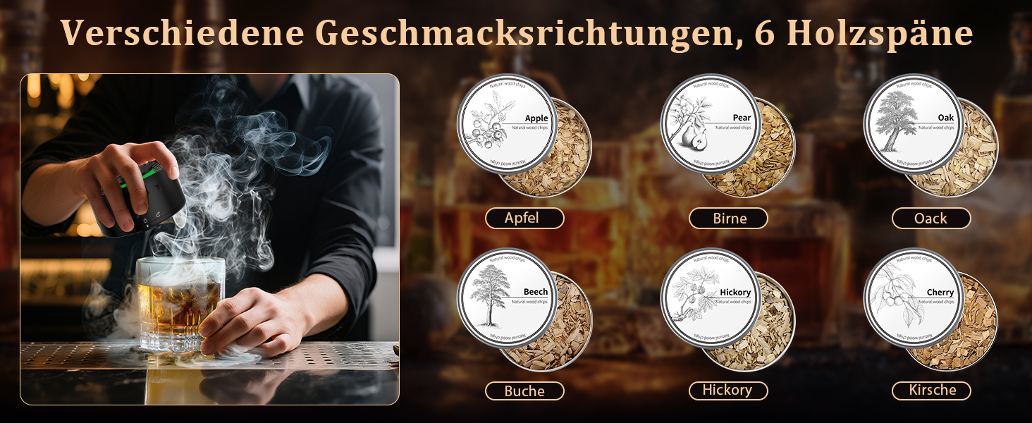 iDiskk Набір для копчення коктейлів: електричний димогенератор для віскі, бурбон, міксологія, вбудований запальник, 6 дерев'яних стружок