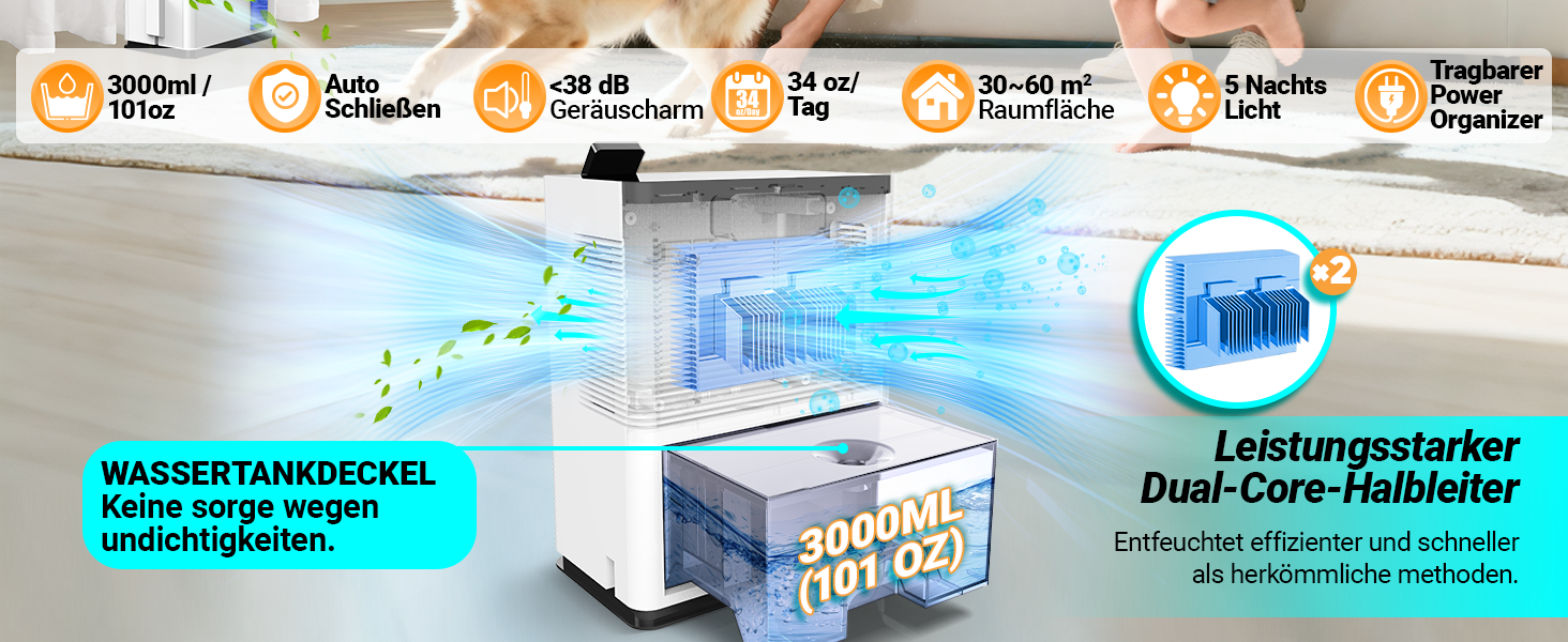 Електричний осушувач повітря ROMMQB 3000 мл: для підвалу, ванної, спальні, квартири, з автовимкненням та нічним підсвічуванням
