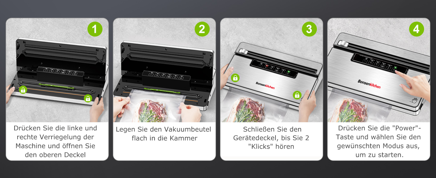 Вакууматор Bonsenkitchen для продуктів, потужний вакуумний пакувальник з 5 режимами, 8 л/хв, сріблястий (комплект: 5 пакетів та 1 рулон)