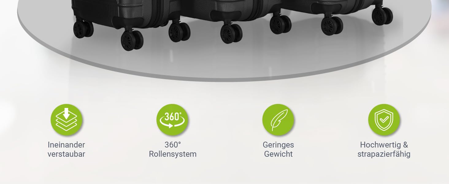 Набір валіз Juskys Hartschale 3 шт. з кодовим замком, тихі колеса 360°, телескопічна ручка, легкі - чорний колір