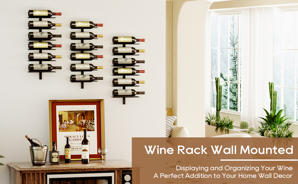 Настінна полиця для вина TJ.MOREE на 12 пляшок, дерев'яний винотримач для кухні, бару, їдальні - чорний комплект 6 шт.