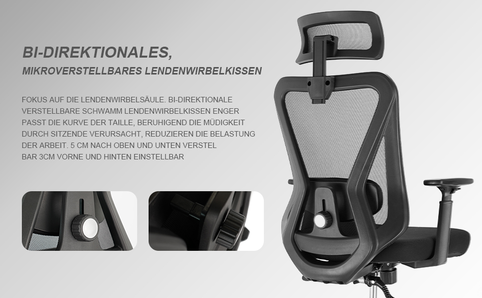 Ергономічне крісло для офісу з підголівником та підтримкою попереку, регульовані підлокітники та висота, поворотне крісло з регулюванням нахилу 90°-130° (фіксація), вантажопідйомність до 150 кг