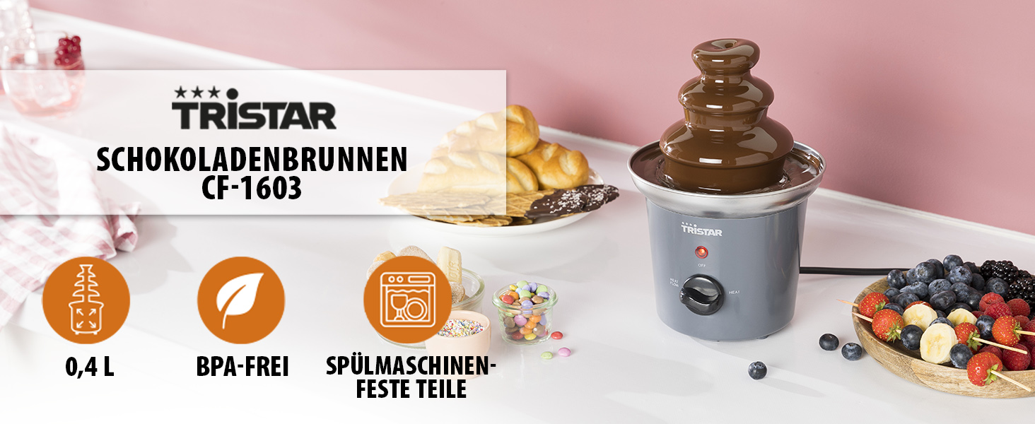 Шоколадний фонтан Tristar CF-1603 з нержавіючої сталі, 3 рівня, 0,4 л, функція підігріву, 32 Вт