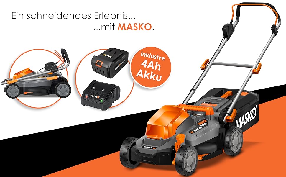 Акумуляторний газонокосарка MASKO з функцією мульчування, 2 акумулятори Li-Ion 4Ah, подвійний зарядний пристрій, триммер, ширина косіння 37 см, 6 положень висоти, кошик 40 л, площа до 600 м², в комплекті рукавички та щітка (ширина косіння 33 см, чорний/помаранчевий)