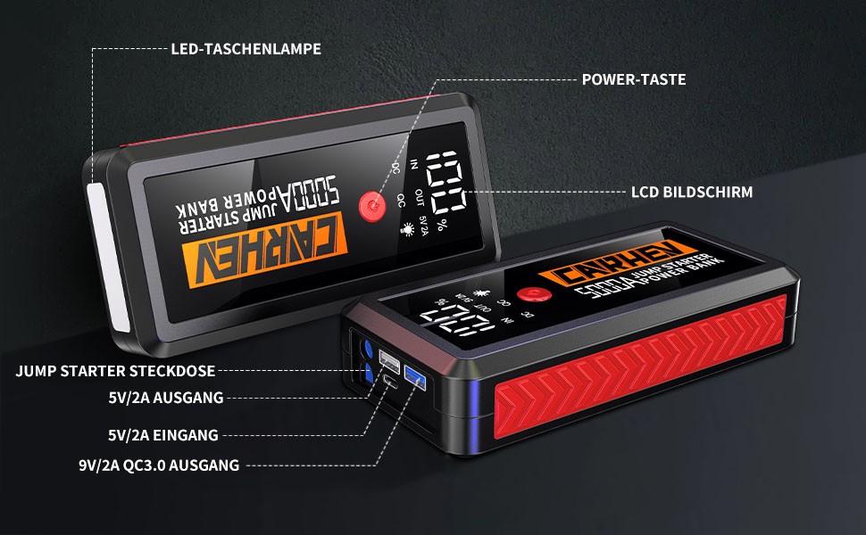 Powerbank для авто Starthilfe 5000A: зарядний пристрій, бустер, 12V, 8.0L бензин/дизель, USB, LED ліхтарик