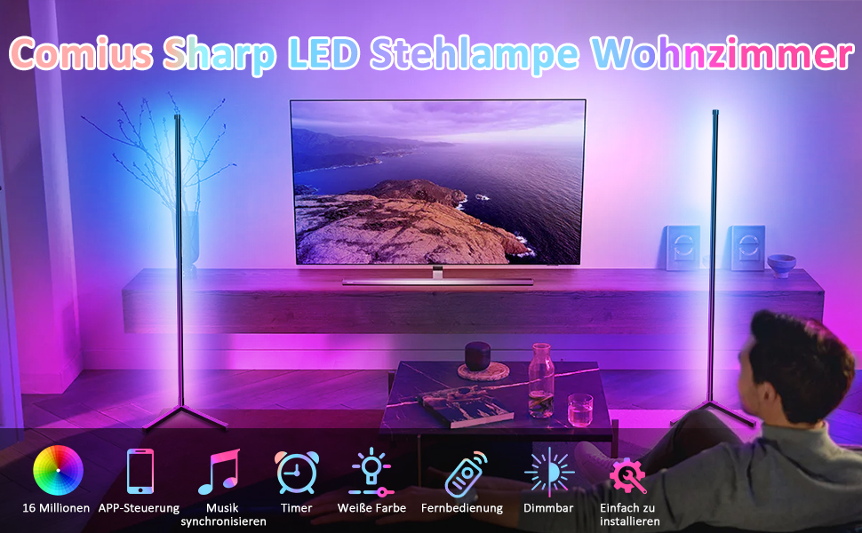 Світлодіодний торшер Comius Sharp 160 см Smart RGB з дистанційним керуванням, додатком, музичними режимами, функцією зроби сам і синхронізацією