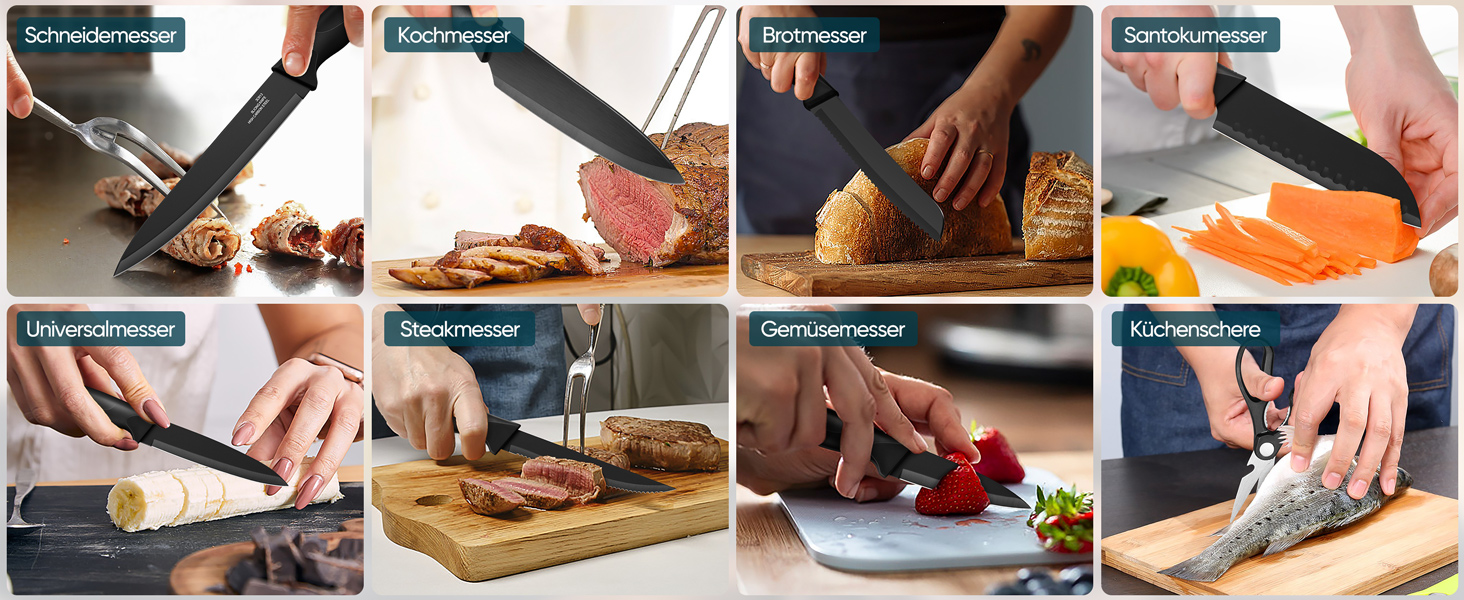 Набір ножів Homikit 15 предметів з підставкою: кухонні ножі з нержавіючої сталі, веточки, 6 ножів для стейків, чорний