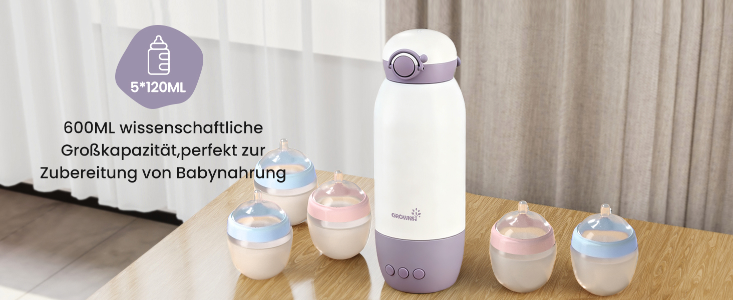 Підігрівач для пляшечок GROWNSY: портативний, для подорожей, 10000mAh, 600мл, точний контроль температури, рожевий/фіолетовий