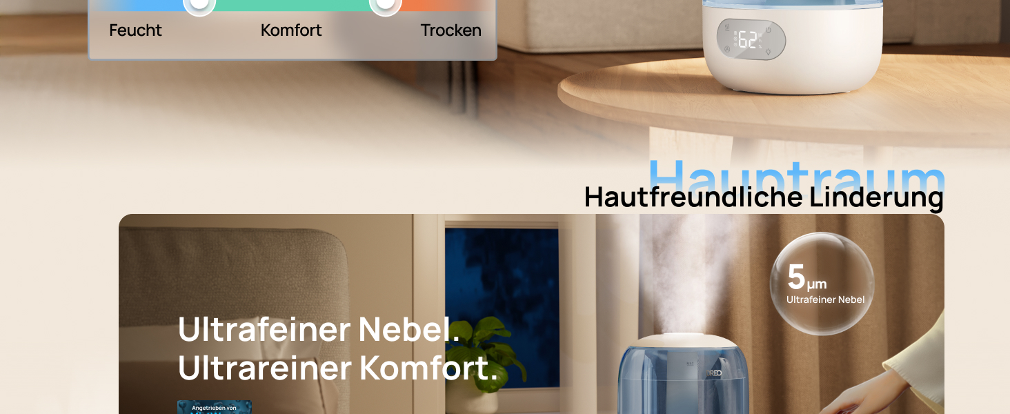 Зволожувач повітря Dreo для спальні, ультразвуковий холодний туман, 30 годин роботи, 3L резервуар з верхнім заповненням, датчик вологості, нічне світло для дітей, кімнати, рослин та дому (Blue)