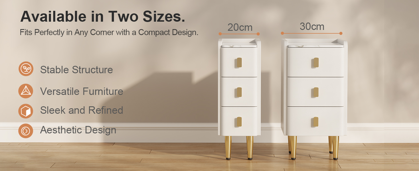 Нічний столик AQIMUELE, білий, з 3 шухлядами, 30 см, без встановлення, з екошкірою