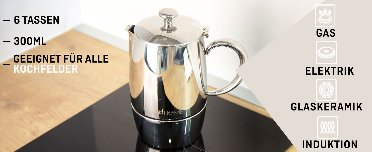 Мока-кавоварка VeoHome Mokka Pot на 10 порцій - нержавіюча сталь, італійська, для індукційних плит, газу, кераміки, електрики, без алюмінію, подвійний фільтр (300 мл)