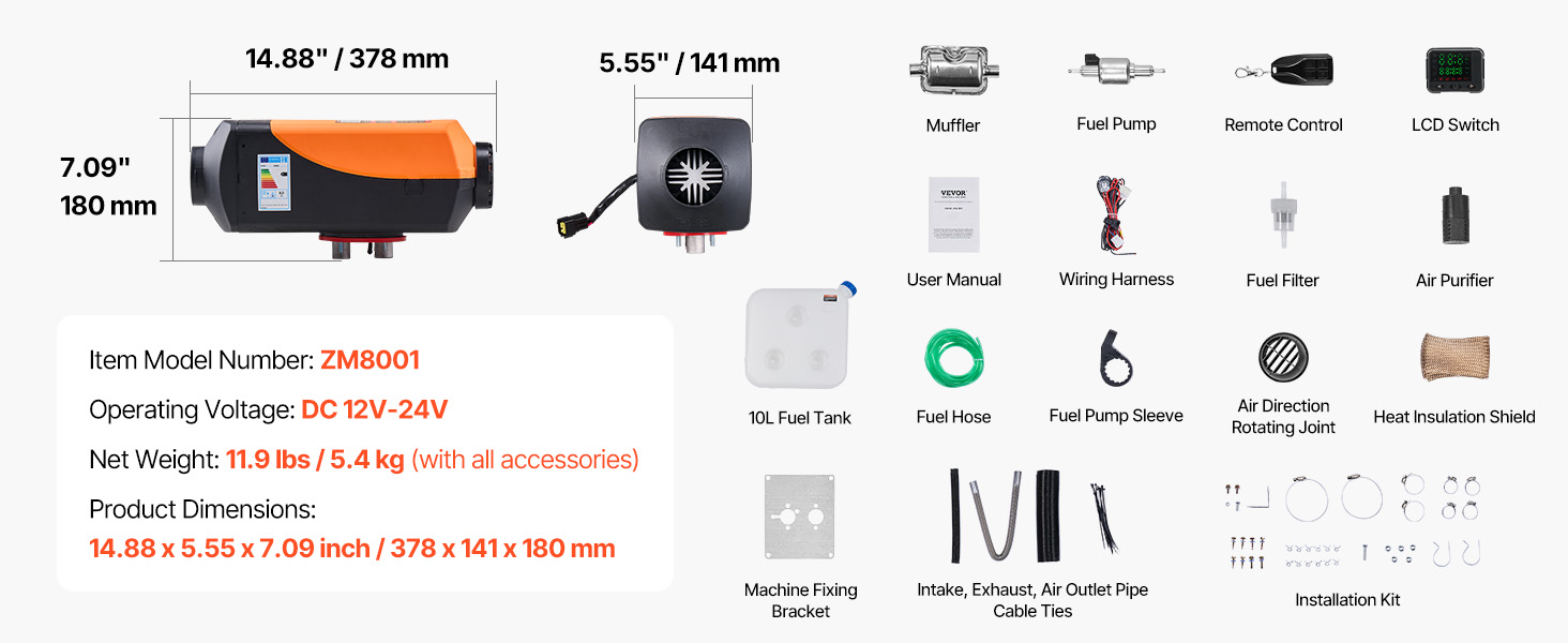 Електрична дизельна теплова газова пушка VEVOR 12V 8kW з LCD-дисплеєм та пультом дистанційного керування, 0.16-0.62 л/год, оранжева
