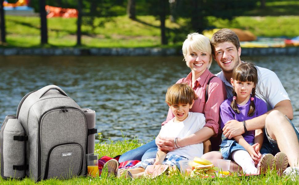 Рюкзак для пікніка Hap Tim на 4 особи з термокишенею, підставкою для пляшок/вина, флісовою ковдрою, тарілками та набором столових приборів. Ідеально для відпочинку на природі, спорту, походів, кемпінгу та грилів. (EU-3065, Сірий)