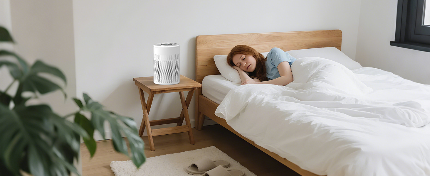 Повітряочисник для спальні KJ1-6 з HEPA H13 фільтром, активованою системою вугільного фільтра, функцією ароматерапії, 360° циркуляцією повітря, нічним світлом та тихим режимом