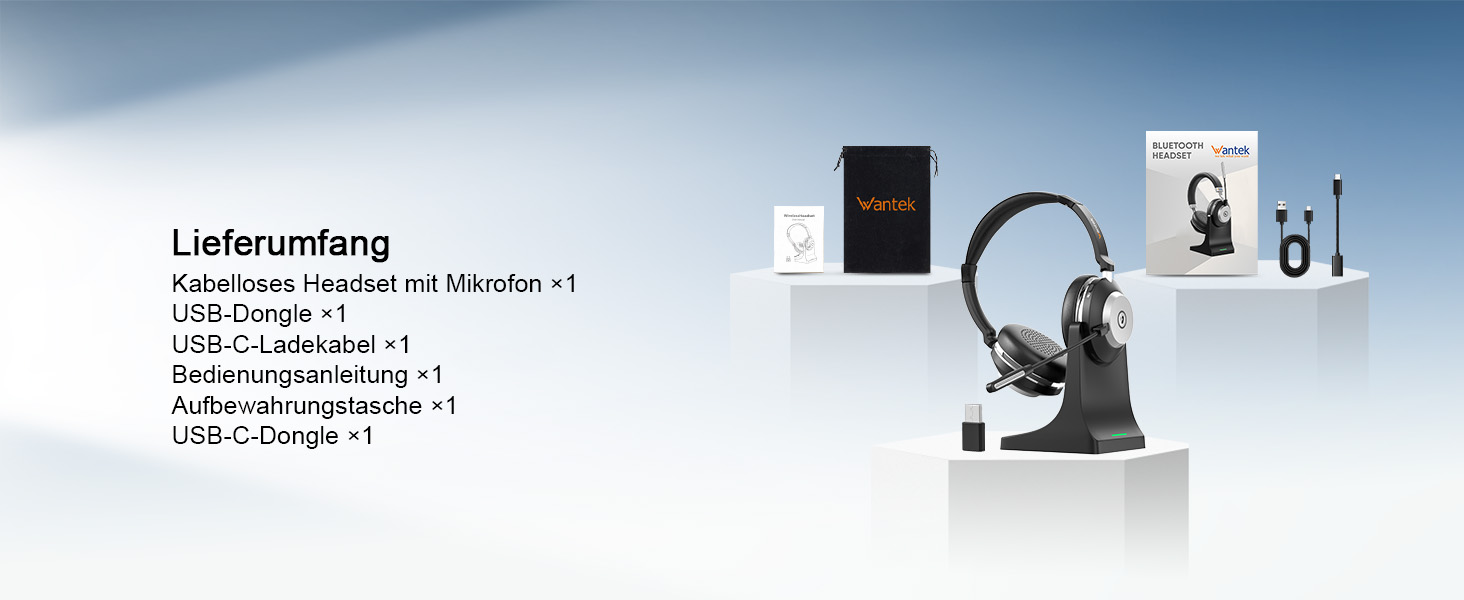 Бездротова гарнітура Wantek з мікрофоном та зарядною станцією, Bluetooth навушники з USB-адаптером для кол-центру, офісу, Zoom, Skype та Teams (сіро-чорний)