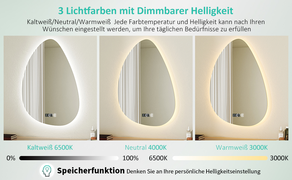 Дзеркало для ванної кімнати з підсвічуванням та годинником 50x70 см, LED, сенсорне керування, 3 кольори світла, диммування, 2470LM, стиль Jy01
