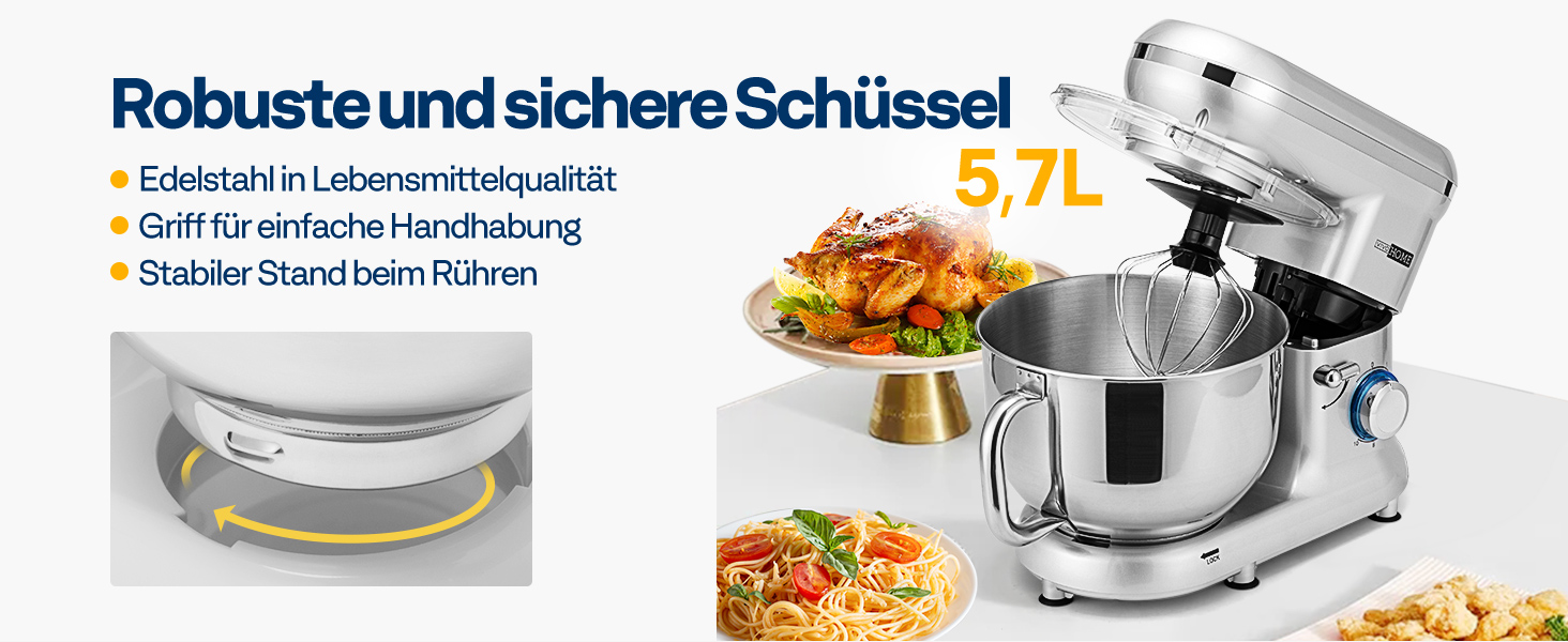 Кухонна машина VIVOHOME 5.7L з місткістю 5.7 літрів, потужністю 660W, 10 швидкостей, функцією імпульсу, для замішування тіста, з бризковим захистом, містить гак для тіста, вінчик та роздільник яєць (срібна)