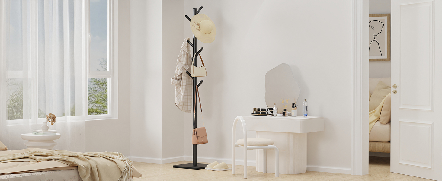 Дзеркало-вішалка для одягу з масиву дерева, чорного кольору, 8 гачків, 3 регульовані висоти, 30x30x180 см