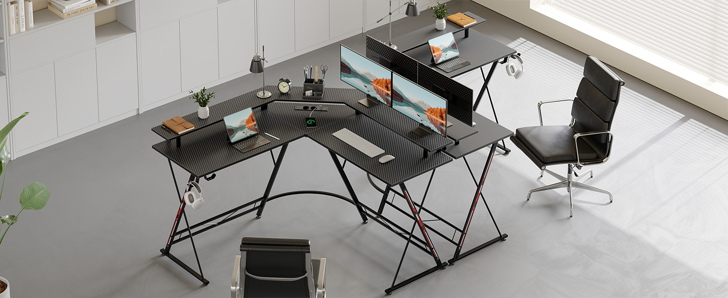 Ігровий стіл SEVEN WARRIOR з LED підсвіткою, розетками, полицею для монітора, 2 гачками, ергономічний кутовий стіл L-подібної форми (127см)