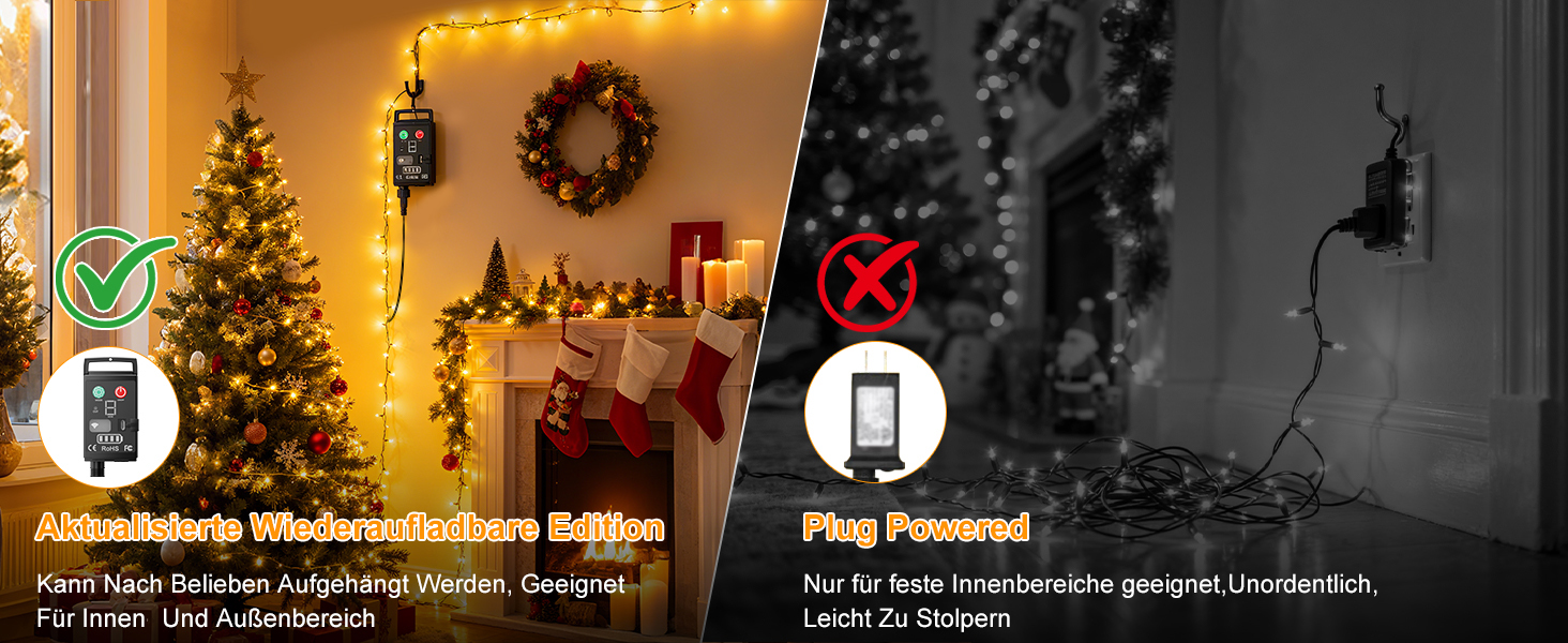 Світлодіодна гірлянда Kinamy для вулиці на батарейках, 20м (2x10м), 100 LED, акумулятор 3600mAh, перезарядна