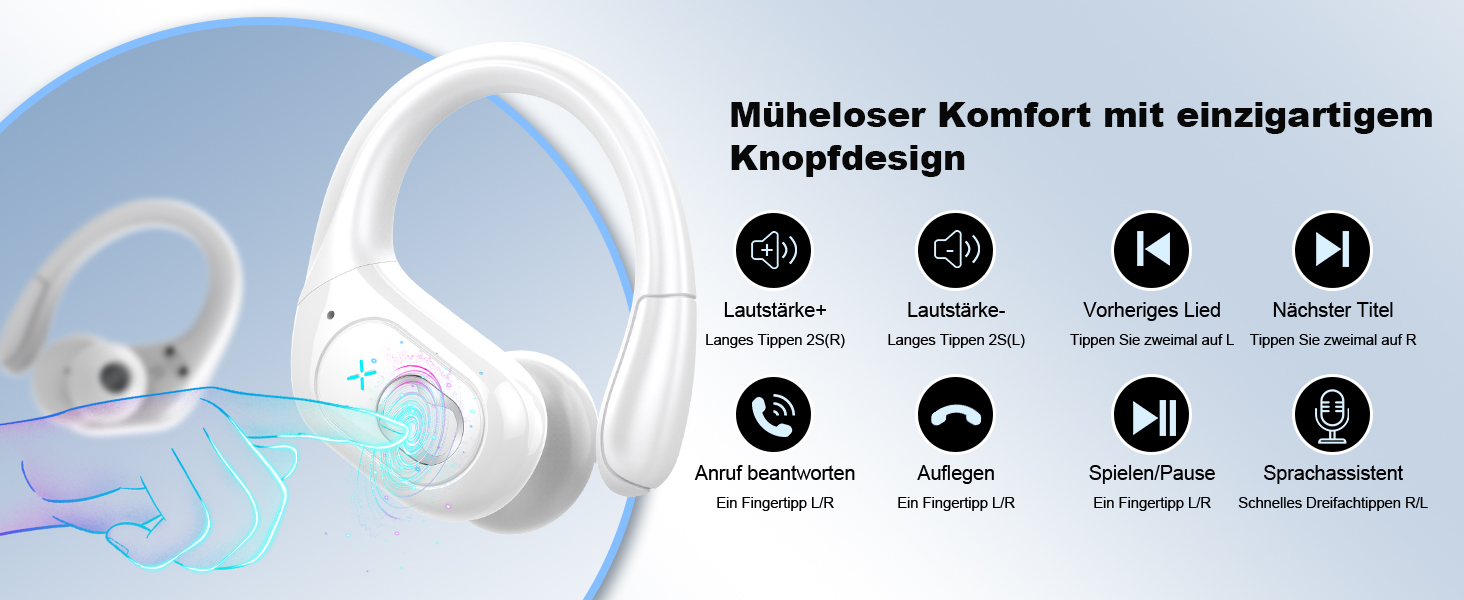 Спортивні навушники Aptkdoe Bluetooth 5.3, 75h HiFi, IPX7, мікрофон ENC, вушні гачки, білий