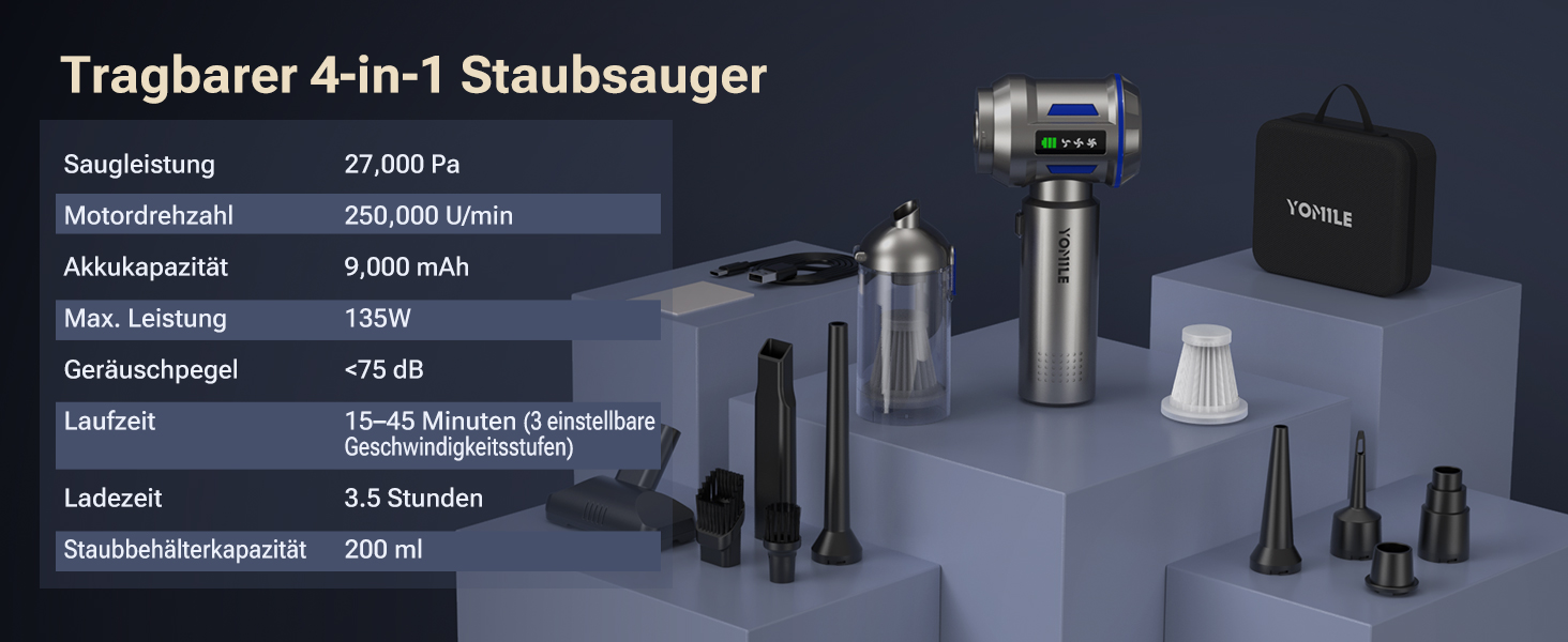 Акумуляторний ручний пилосос Yomile AD10 для авто та дому, 27000Па, 150Вт, бездротовий портативний міні-пилосос з функцією обдуву