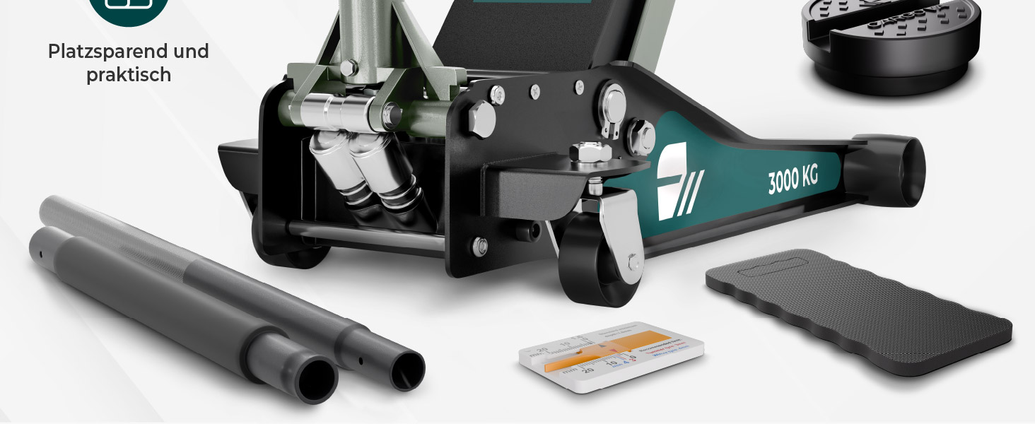 Гідравлічний домкрат CargoVA 3T з низьким профілем (75-505мм) + килимок + 2 гумові накладки | Для SUV та занижених авто | Професійний набір для заміни коліс