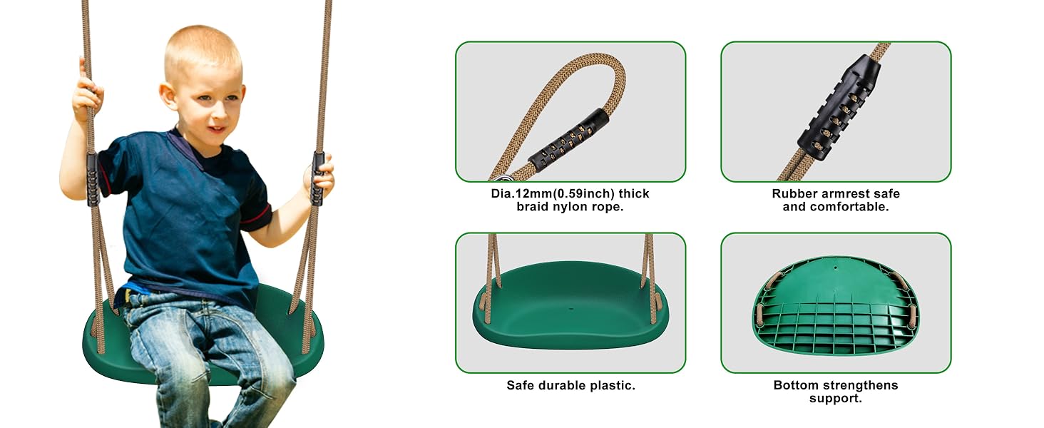 Шоукель для дітей BeneLabel: ідеально для дому та саду. Міцний гумовий сидіння, регульоване мотузка 130-200см, 113кг. Набір 2 шт. Зелений колір.