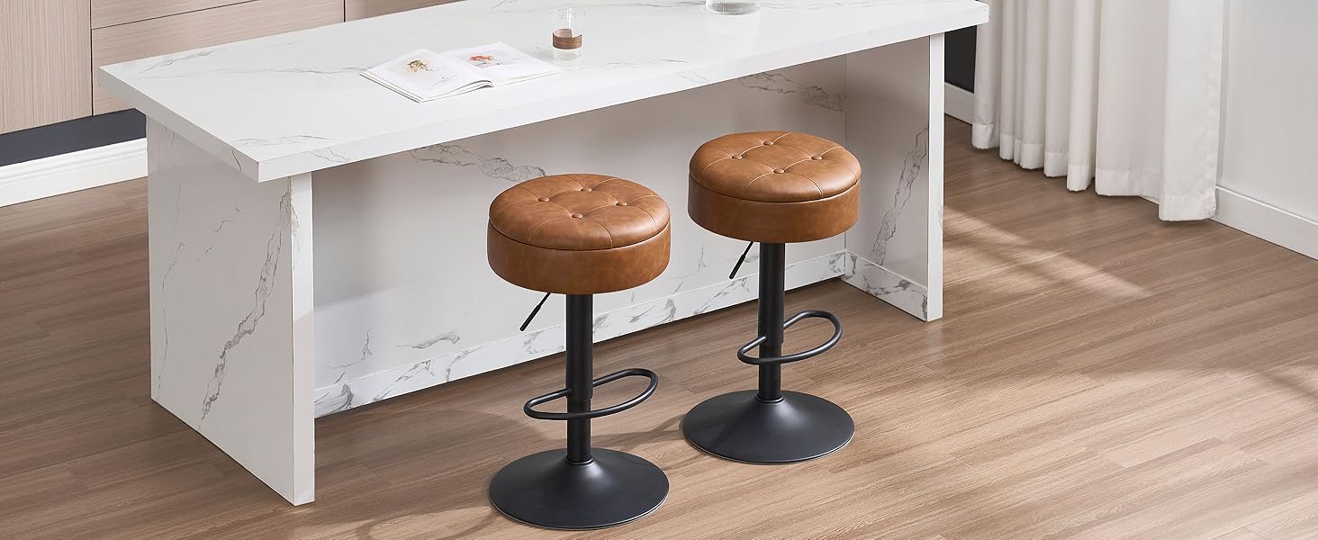 Барні стільці WOLTU 2 шт. з місцем для зберігання, регульовані по висоті, 360° обертання, для кухонної вишки, їдальні, бару, кухні, вітальні, штучна шкіра, метал, коричневий, вінтажний стиль