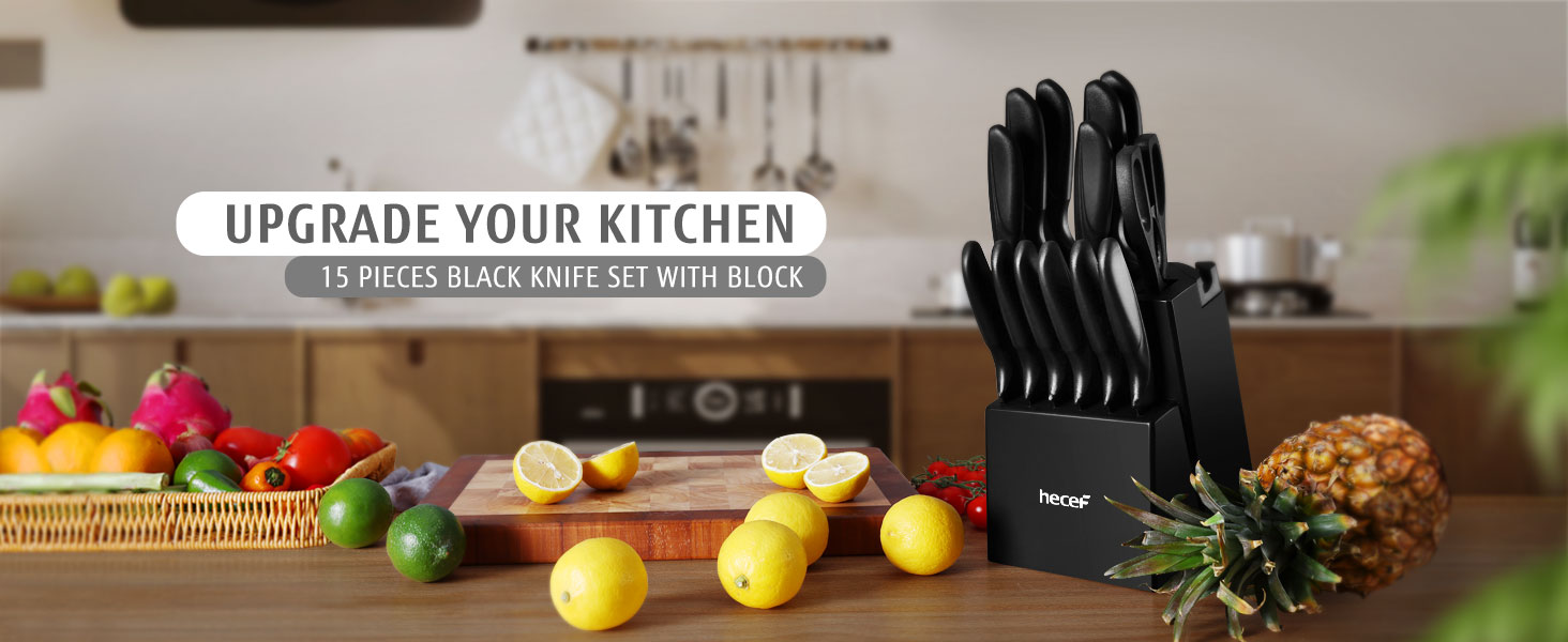 Набір кухонних ножів Hecef 15 предметів з бруском, чорний, з антипригарним покриттям, можна мити в посудомийній машині, самозаточуваний брусок, ергономічні ручки, кухонний набір ножів для початківців та кулінарів-ентузіастів