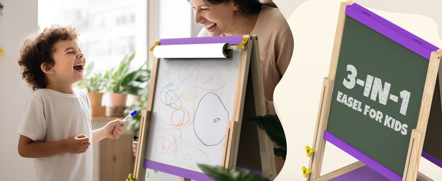 Мольберт Joyooss для дітей, регульований, дерев'яний, двосторонній, сухий маркер, з аксесуарами для малювання, подарунок для малюків 4-8 років (РОЖЕВИЙ)